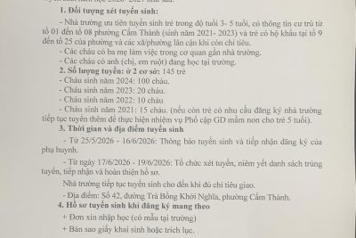 Trường Mầm non Hoa Hồng, phường Cẩm Thành THÔNG BÁO TUYỂN SINH, năm học 2026- 2027.💕🌷🌷🌷